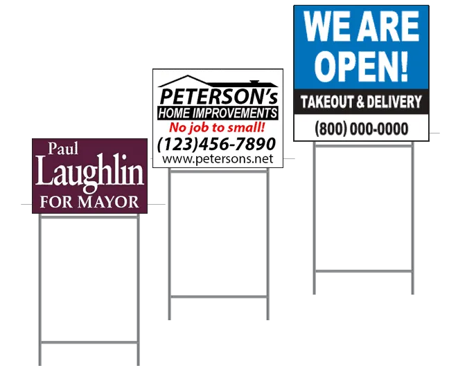 Custom yard signs in various sizes for political campaigns, real estate, and business promotions